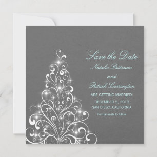 Grey Sparkly Holiday Tree Save the Date Invite