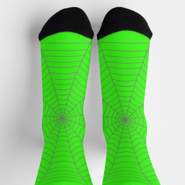 Grey spider web bright neon green Halloween Socks (Top)