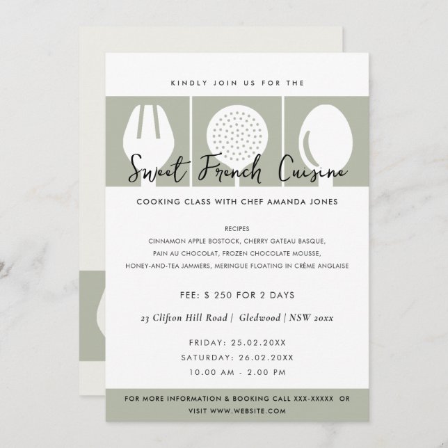 GREY SPOON FORK COOKERY CLASS INVITE TEMPLATE (Front/Back)