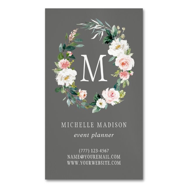 Grey Spring Blush Floral Wreath Monogram Magnetic Business Card (Front Vertical)