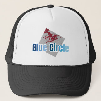 Grey Square with Red Stain and Blue Circle Text Trucker Hat