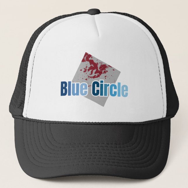 Grey Square with Red Stain and Blue Circle Text Trucker Hat (Front)
