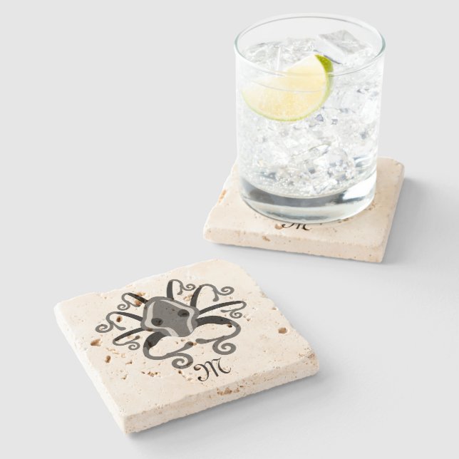 Grey Squid Monogram Stone Coaster (Side)