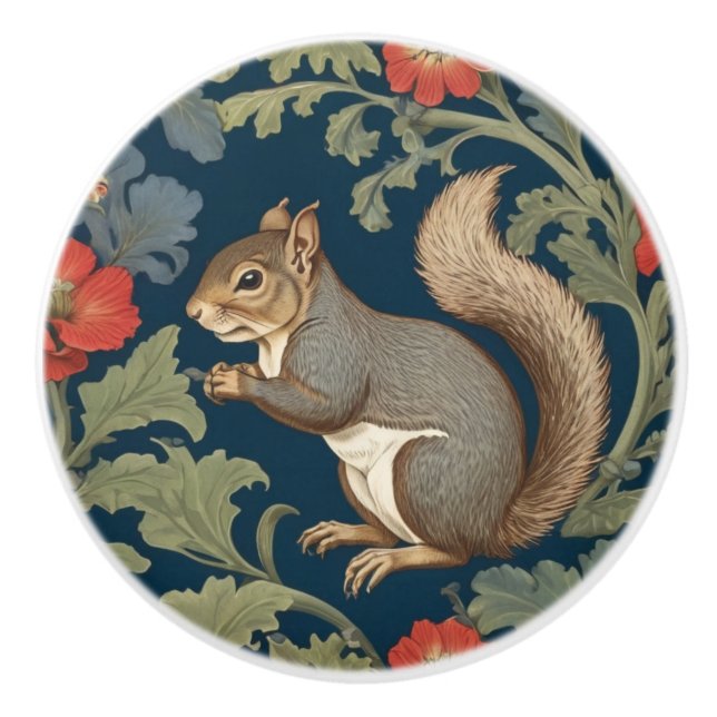 Grey Squirrel William Morris style Left Facing Ceramic Knob (Front)