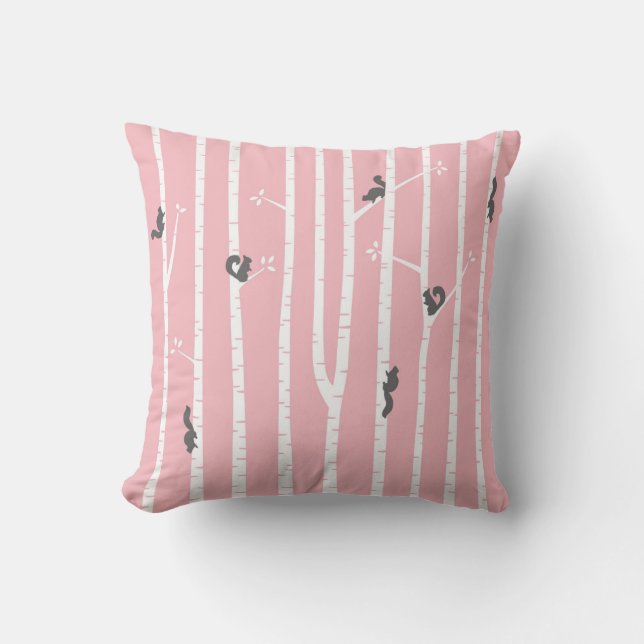 Grey Squirrels Climbing Birch Trees on Pink Throw Pillow (Front)
