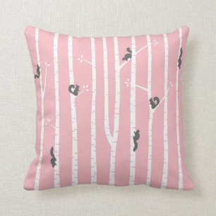 Grey Squirrels Climbing Birch Trees on Pink Throw Pillow