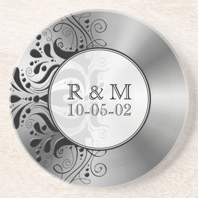 Grey Stainless Steel Look Black Floral Accent Coaster (Front)