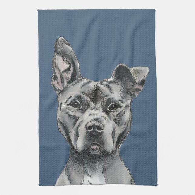 Grey Stalky Pit Bull Dog Drawing Kitchen Towel (Vertical)