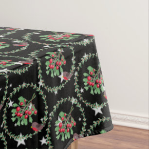 Grey Star Black Red Robin Wreath Christmas Tablecloth