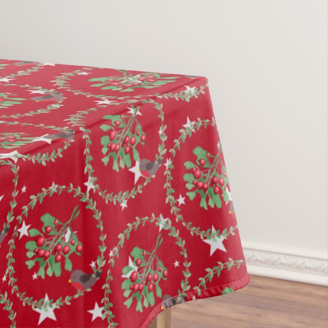 Grey Star Red Robin Wreath Christmas Tablecloth (In Situ)
