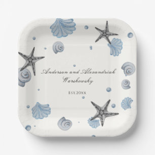 Grey Starfish Blue Shell Beach Wedding  Paper Plate
