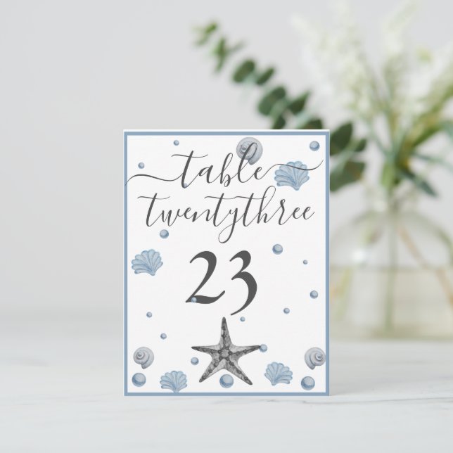 Grey Starfish Blue Shells Beach Wedding Thank You  Card (Standing Front)