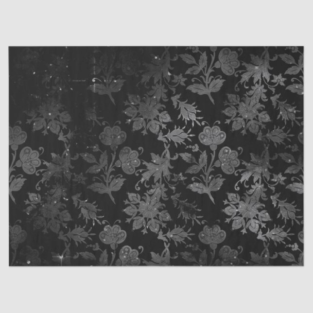 Grey Stencil Flowers on Black Decoupage Tissue Paper (Front)