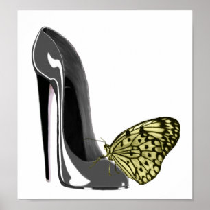 Grey Stiletto High Heel Shoe and Yellow Butterfly Poster