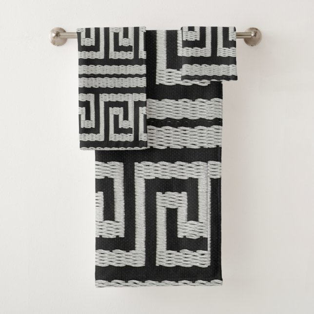 Grey Stitched-Look Greek Key Designer  Bath Towel Set (Insitu)