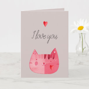 Grey Stone Red Cat Hearts Love You Card