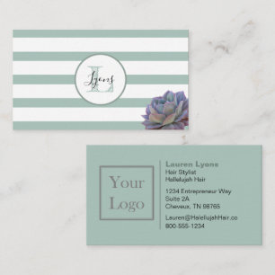 Grey Stripe and Succulent Monogrammed Business Card