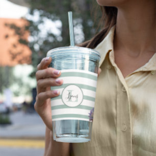 Grey Stripe and Succulent Monogrammed Personalized Acrylic Tumbler