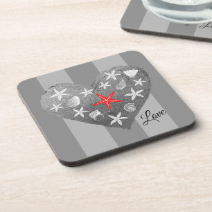 Grey Stripe Coastal Theme Seashell Starfish Heart Coaster