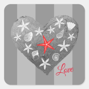 Grey Stripe Coastal Theme Seashell Starfish Heart Square Sticker
