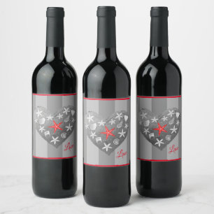 Grey Stripe Coastal Theme Seashell Starfish Heart Wine Label