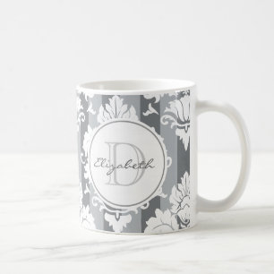 Grey Stripe Damask Monogrammed Mug