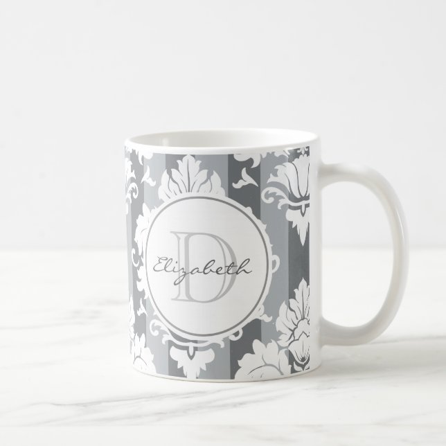 Grey Stripe Damask Monogrammed Mug (Right)