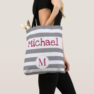 Grey Stripe Firetruck Baby Trendy Initial Monogram Tote Bag