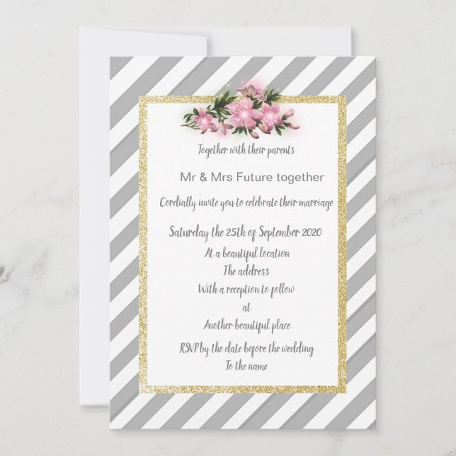 Grey Stripe pink flower invite new gold (Front)