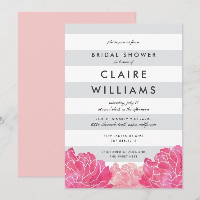 Grey Stripe & Pink Peony Bridal Shower Invitation (Front/Back)