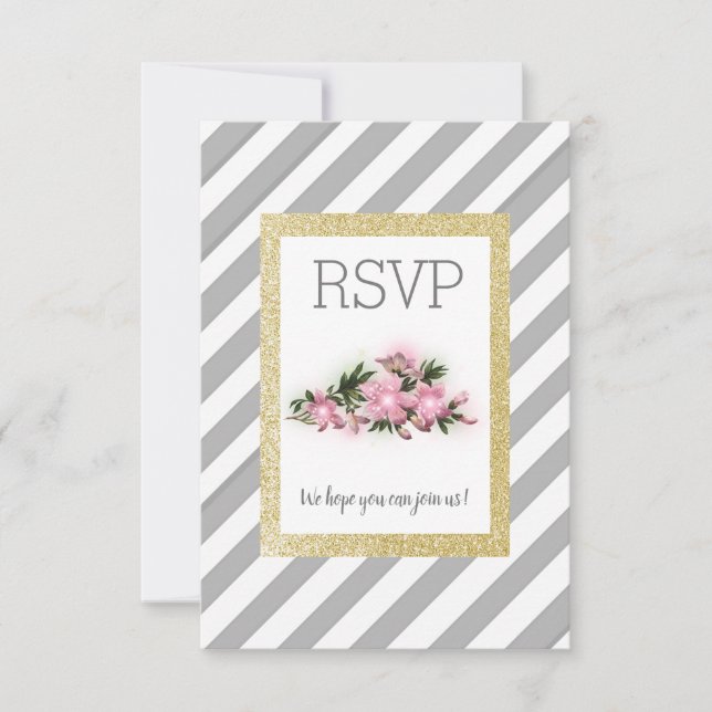 Grey stripe with gold glitter floral rsvp card (Front)