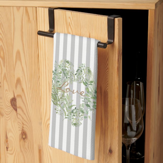 Grey Striped Foliage Heart Love Kitchen Towel (Thirds Fold)