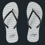 Grey striped monogram wedding party flip flops<br><div class="desc">Grey / grey name monogram striped pattern wedding flip flops. Custom colour strap for him and her / men and women. Custom background colour and personalized name initials. Modern trendy stripe design sandals. Vertical or horizontal lines. Cute party favour for beach theme wedding, marriage, bridal shower, engagement, anniversary, birthday, bbq,...</div>