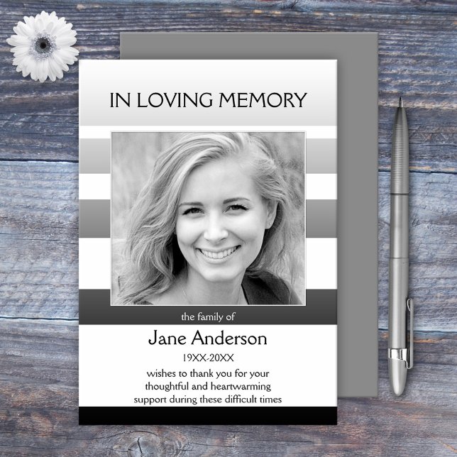 Grey Striped Sympathy Funeral Photo Thank You Card (A simple elegant memorial sympathy photo Thank You card with a custom photo on black white stripes)