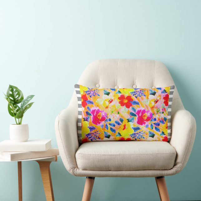 Grey Striped Trim Orange Floral Throw Pillow (Chair)