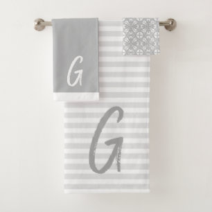 Grey Stripes and Monogram Bath Towel Set
