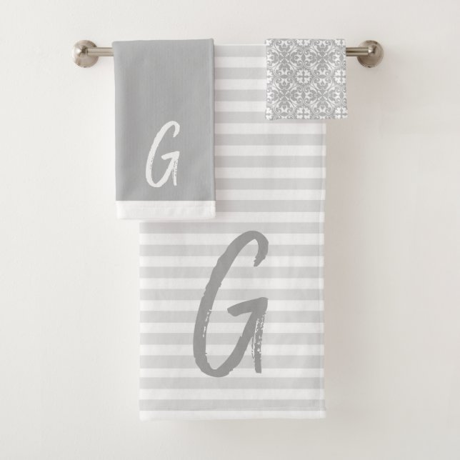 Grey Stripes and Monogram Bath Towel Set (Insitu)
