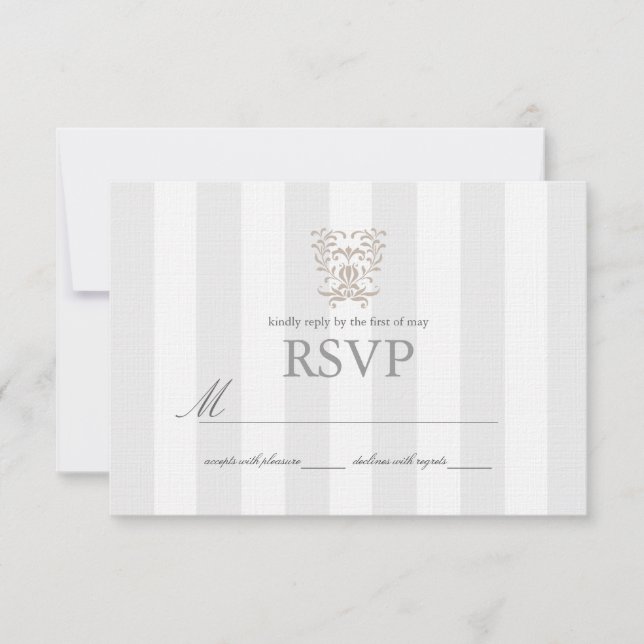 Grey Stripes & Brown Damask Wedding RSVP Card (Front)