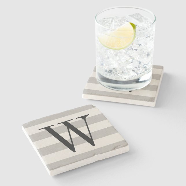 Grey Stripes Monogram | Modern Farmhouse Stone Coaster (Side)
