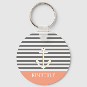 Grey Stripes Nautical Anchor Coral Monogram Keychain