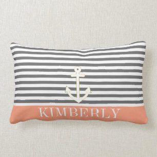 Grey Stripes Nautical Anchor Coral Monogram Lumbar Pillow