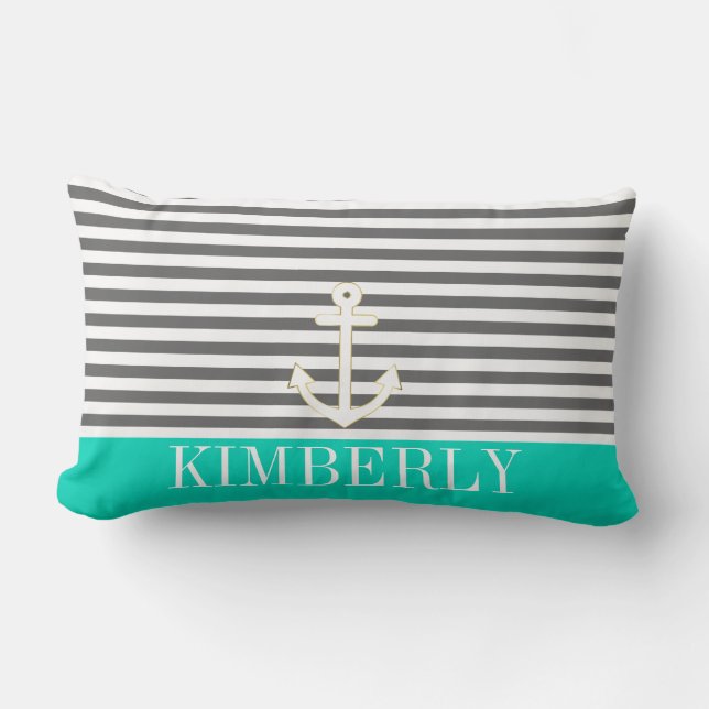 Grey Stripes Nautical Anchor Teal Monogram Lumbar Pillow (Front)