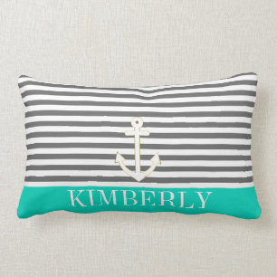 Grey Stripes Nautical Anchor Teal Monogram Lumbar Pillow