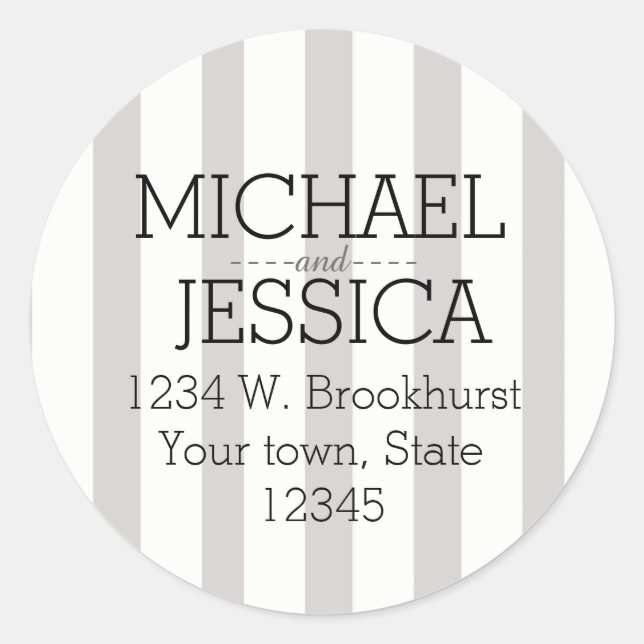 Grey Stripes Personalized name and address Classic Round Sticker (Front)