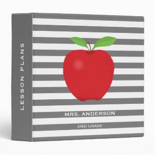 Grey Stripes Red Apple Personalized Teacher Binder