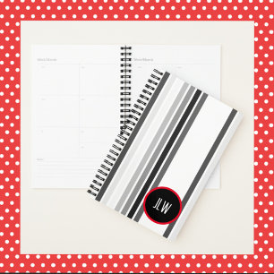 Grey Stripes Red Circle Black White with Initials Planner