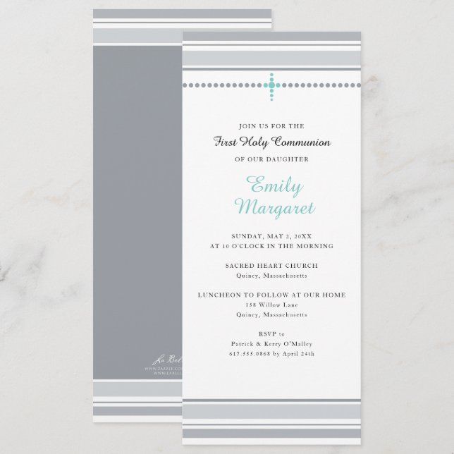 Grey Stripes Teal Cross First Holy Communion Invitation (Front/Back)