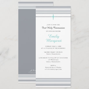 Grey Stripes Teal Cross First Holy Communion Invitation