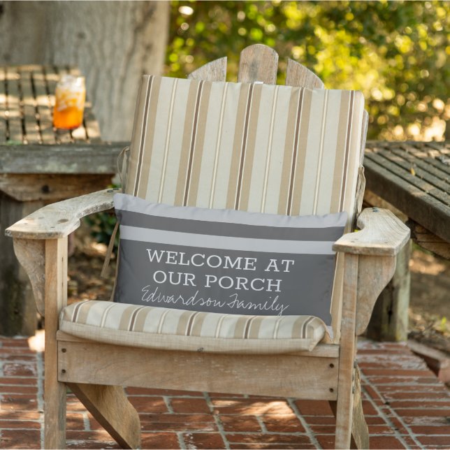 Grey stripes welcome porch family name outdoor lumbar pillow (Chair)