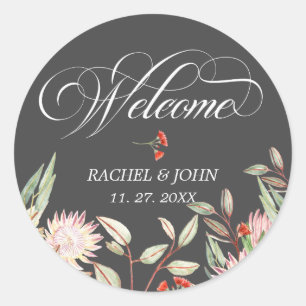 Grey Stylish Calligraphic Script Welcome Wedding Classic Round Sticker